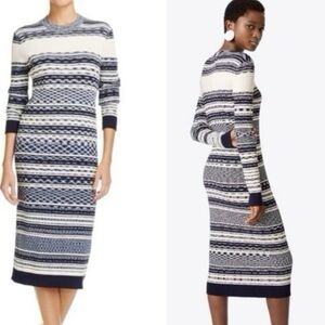 Tory Burch Julie Ribbed Knit Striped Dress Ivory Blue Navy Blue Size M